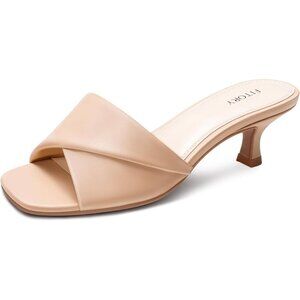 Women's Nude Cross Band Comfortable Square Open Toe Dressy Low Heel Sandals